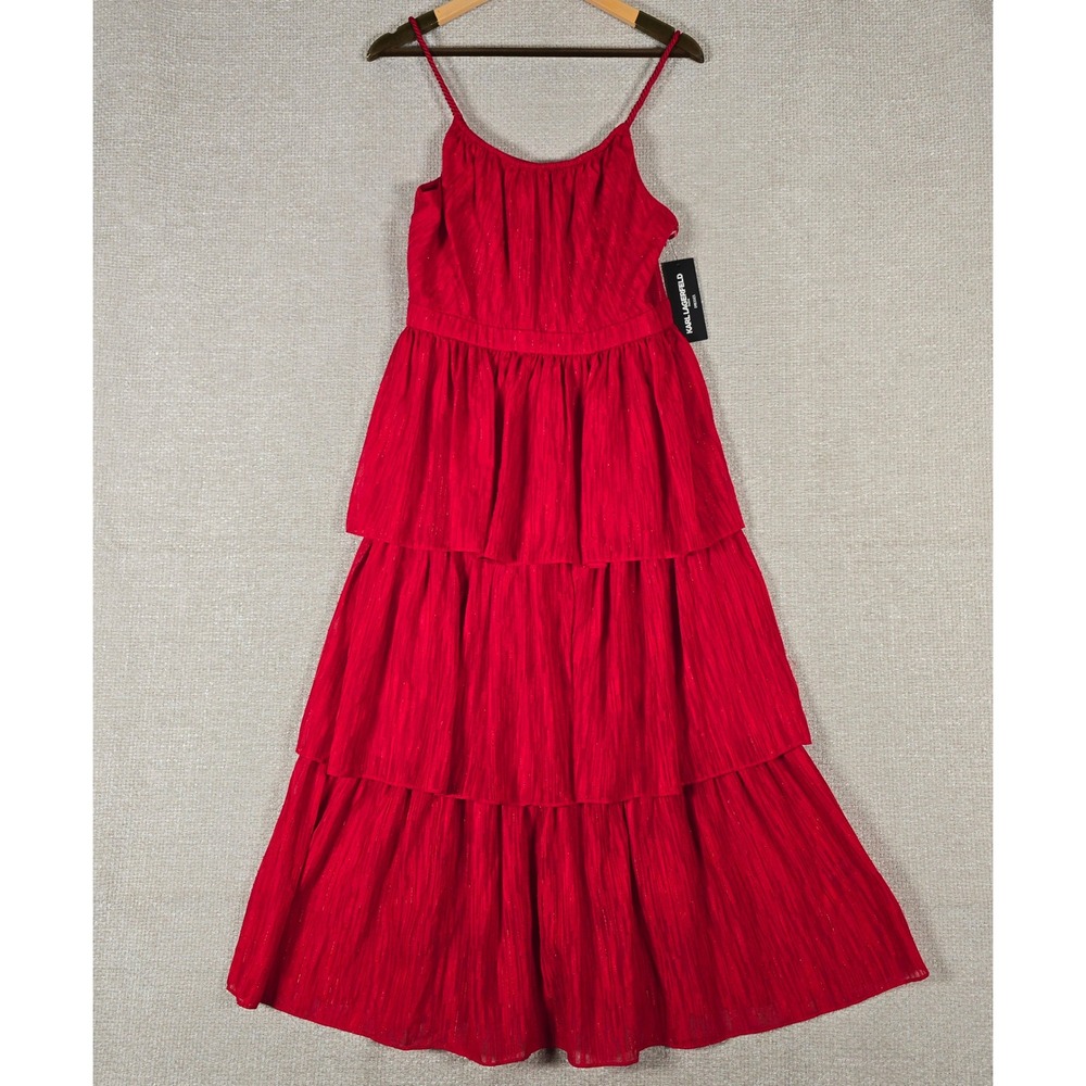 Karl Lagerfeld Paris Red Tiered Metallic Dobby Maxi Dress‎ Size 8 LD4EH795